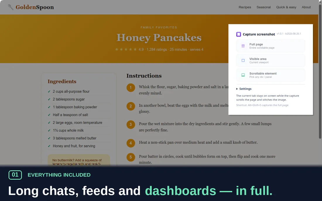 Popup with capture modes over a long recipe page