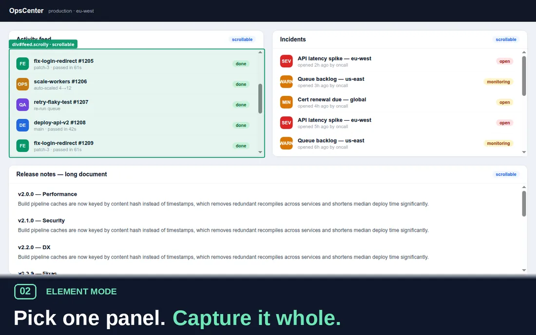 Element mode highlighting a scrollable dashboard panel