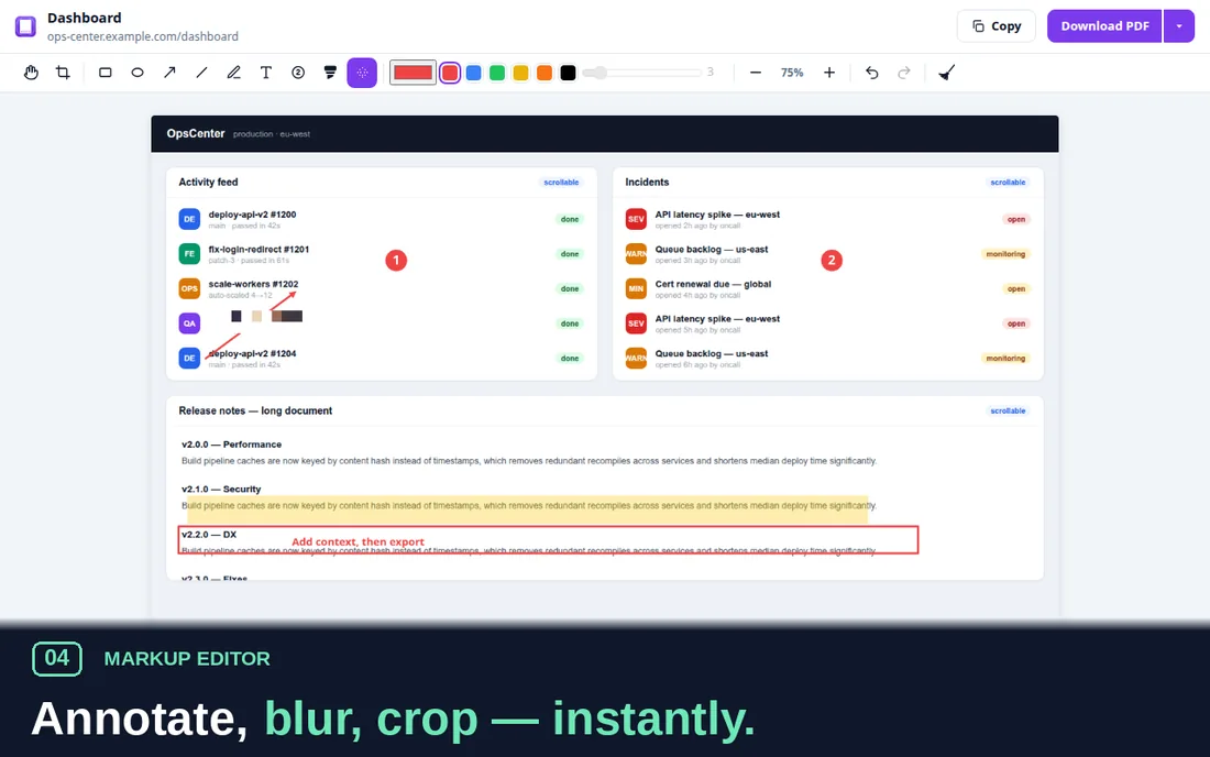 Built-in annotation editor with arrow, badges and highlighter
