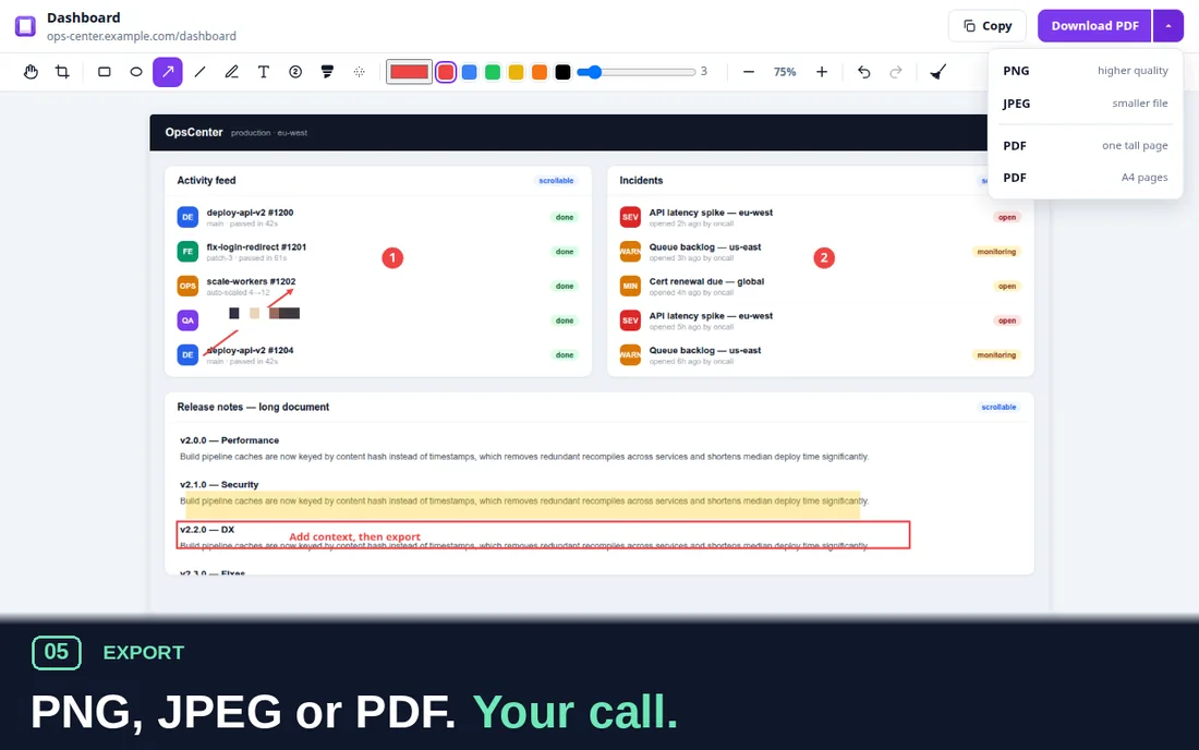 Download dropdown with PNG, JPEG and PDF options